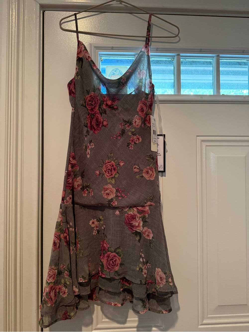 Floral Spaghetti-Strap Mini Dress in Gray and Pink